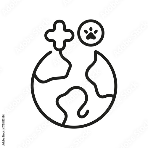 A globe with landmasses a medical cross and a paw print in a circle. Icon line style editable stroke