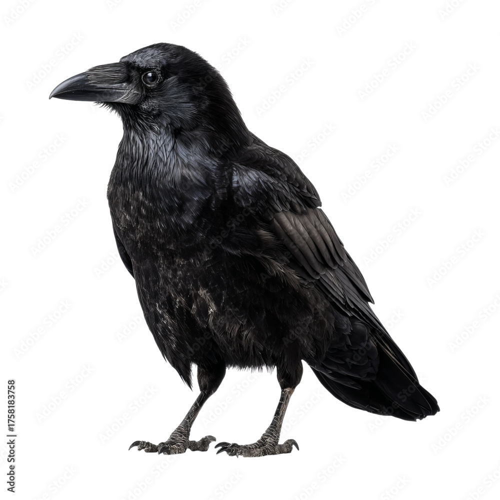 Fototapeta premium Png of a majestic black raven standing tall isolated on transparent background, showcasing its sleek feathers and sharp beak