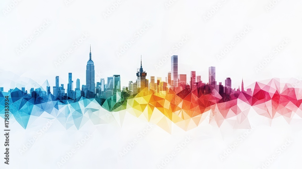 Obraz premium Abstract representation of a city skyline with geometric shapes and colors: A creative interpretation of a cityscape using bold, colorful geometric shapes, evoking energy and vibrancy,