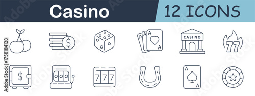 Casino set icon. Cherries, chips, dice, cards, casino building, flaming 777, vault, slot machines, horseshoe, ace, and poker chip in gambling icon style.
