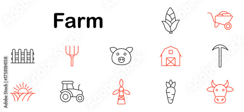 Farm set icon. Pig, barn, cow, corn, carrot, tractor, fence, sunrise, windmill, pitchfork, wheelbarrow, pickaxe, agriculture, livestock, rural, harvest, field, vegetable.