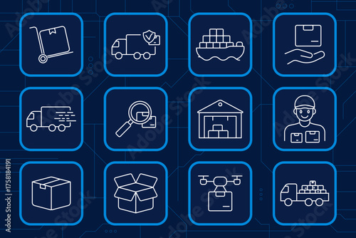 Delivery set icon. Truck, box, drone, ship, warehouse, worker, magnifier, logistics, parcel, service, distribution, transport, cargo management.