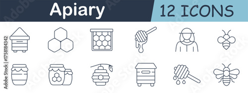 Apiary set icon. Hive, honeycomb, frame, jar, dipper, beekeeper, hanging hive, bee, dripping dipper, and minimal hexagonal symbols in beekeeping outline style.