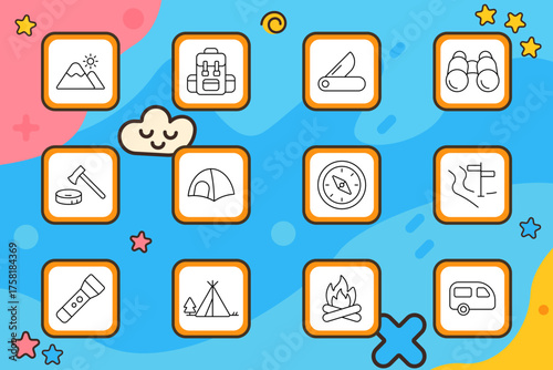 Camping set icon. Mountain, backpack, knife, binoculars, axe, tent, compass, trail, flashlight, teepee, fire, trailer. Adventure, nature, travel, outdoor, hike.