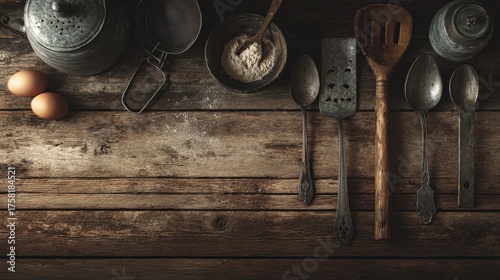 Rustic Kitchen Still Life - Vintage Utensils, Eggs, and Pottery on Weathered Wood.