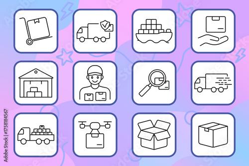 Logistics set icon. Truck, warehouse, drone, delivery, worker, box, container, magnifier, shipping, cargo, sea transport, package, inspection, load, fast delivery, supply, logistics.