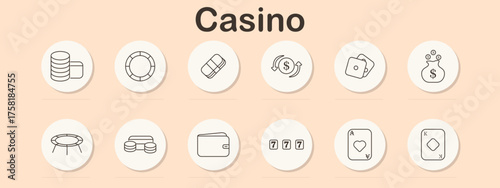 Casino set icon. Stack chips, ring chip, dice, currency arrow, suitcase, coin bag, roulette table, coin stacks, wallet, slot 777, heart ace, diamond king in outlined gaming design.