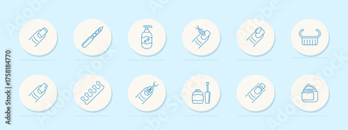 Nail care set icon. Polished nails, cuticle tool, lotion bottle, polish brush, finger soak, nail brush, spiral polish, jar, nail tip, sparkles, manicure elements.