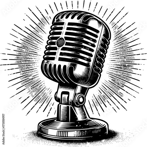 Vintage Microphone Illustration: A meticulously crafted vintage microphone, radiating with retro charm, stands at the center. perfect for podcasting, recording, and communication needs.