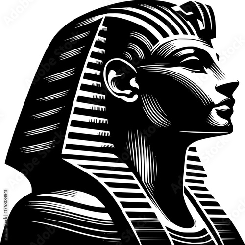 Majestic Pharaoh: A detailed monochrome illustration showcasing the serene profile of a pharaoh, adorned with an elaborate headdress, against a stark background.