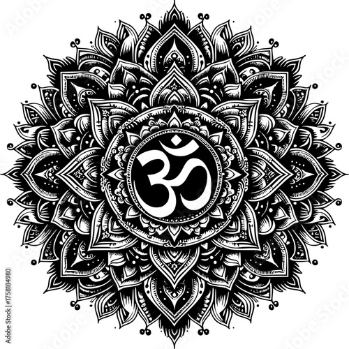 Om Mandala Symbol: A detailed and symmetrical Om mandala illustration, radiating a sense of tranquility, spiritual connection, and inner peace.