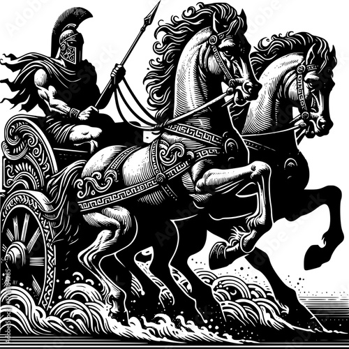Ancient Chariot: An intricate illustration of an ancient chariot, drawn by two majestic horses, carrying a warrior in full armor, evokes the spirit of historical battles and classical warfare.