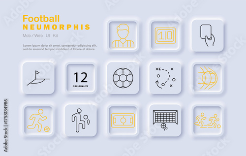 Football set icon. Ball, goal, coach, tactic, card, stadium, player, field, flag, scoreboard, kick, pass, referee game strategy and motion elements