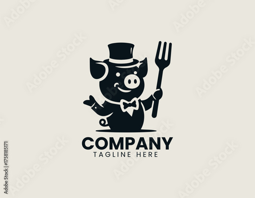 Humorous cartoon pig mascot vector logo illustration wearing top hat, tuxedo, and holding large dinner fork. Food concept