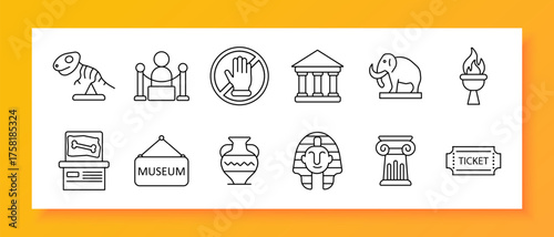 Museum set icon. Statue, column, vase, mummy, fossil, torch, ticket, building, exhibit, dinosaur, artifact, culture, history, education, ancient, art, monument, visitor, gallery, archaeology