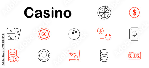 Casino set icon. Dice, chip, card, wheel, dollar sign, money stack, 777, heart chip, drink, spin, play, table, game, fortune, bet, chance, cash, luck, entertainment.