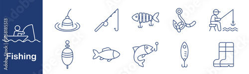 Fishing set icon. Fisherman, float, rod, fish, hook, bait, chair, reel, lure, boots. Outdoor, catch, sport, water, tackle, equipment, hobby, patience, line, nature.
