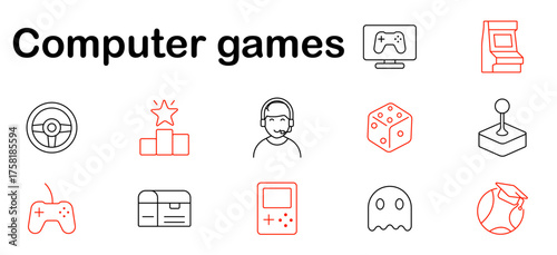 Computer games set icon. Joystick, console, headset, screen, ghost, dice, podium, platform, retro device, arcade, controller, gamer, fun, play, level.
