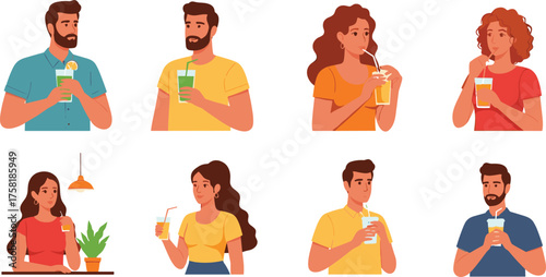 Cartoon People Drinking Beverages in Café and Home Settings with Plants and Lights, Calm Mood, Eight-Scene Lifestyle Series