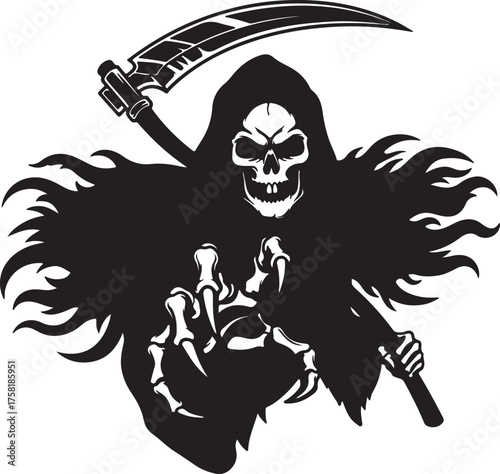 Grim Reaper with scythe reaching out, isolated on a white background