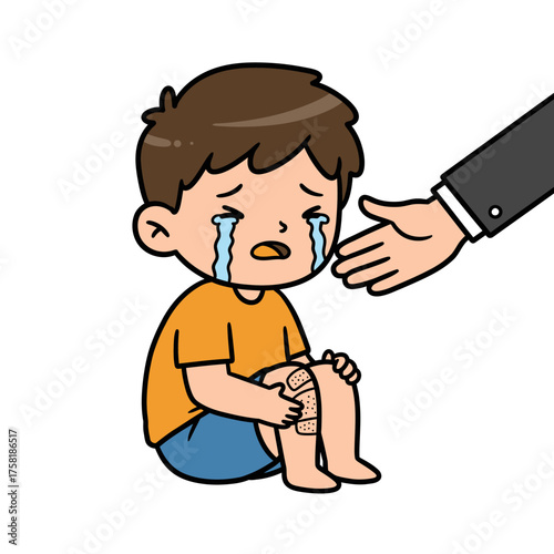 Sad Cartoon Boy with Bandaged Knee Crying Adult Hand Offering Comfort.