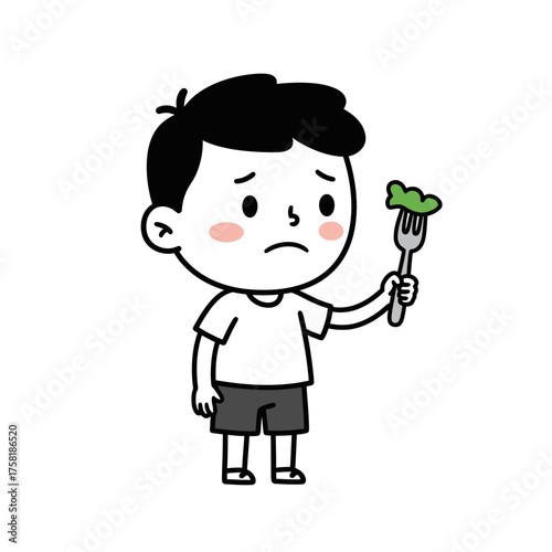 Sad cartoon boy with black hair and rosy cheeks unhappily holding a fork with a green vegetable.