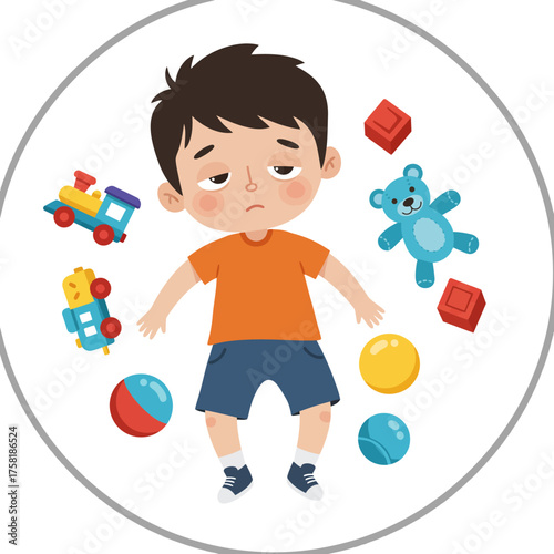 Sad cartoon boy with dark hair and a tired expression surrounded by colorful floating toys.