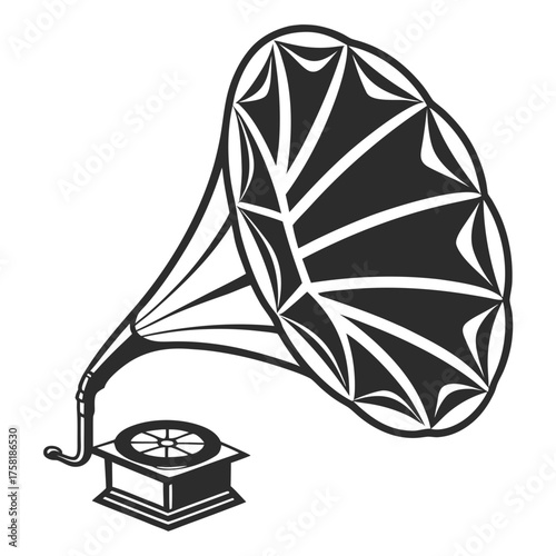 Vintage gramophone illustration with a large horn speaker and record player.
