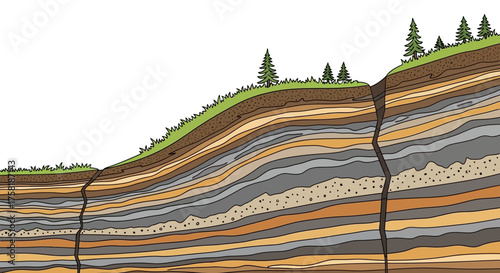 Cross-Section of Earth Layers with Fault Lines and Vegetation.