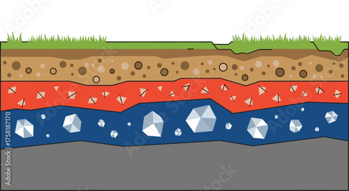 Cartoon Cross-Section of Soil Layers with Rocks and Grass.