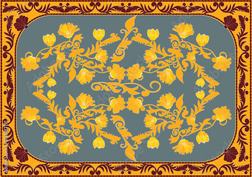 A luxurious rug design featuring golden-yellow floral vines symmetrically arranged on a muted gray background, surrounded by an ornate maroon and gold border that adds warmth and classic charm.