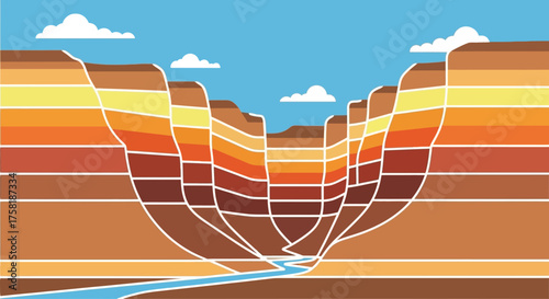 Colorful Canyon Landscape with River and Clouds Illustration.