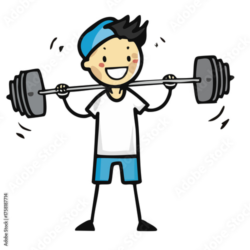 A cartoon illustration of a cheerful person lifting barbell
