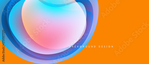 Abstract design features layered shapes, vibrant colors. Orange background complements blue, pink gradients. Modern, dynamic composition.