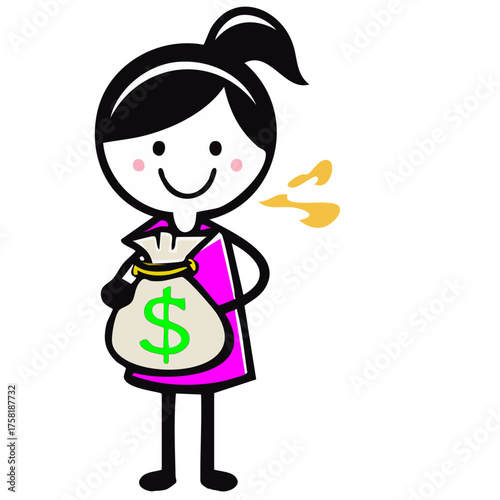 A cartoon girl happily holding a money bag and showing symbol of dollar