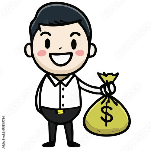 A cartoon businessman holding a bag of money smiling. A sign of wealth, finance, success, and prosperity