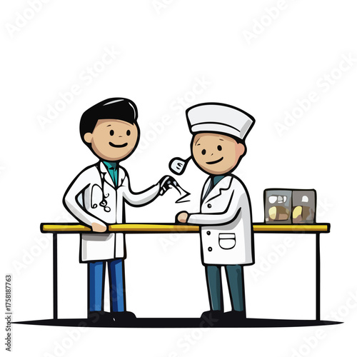 Two doctors in their professional attire, one handing over a medical tool to the other, likely in a hospital setting