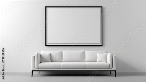Modern living room with blank black frame above sofa