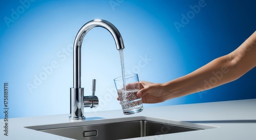Filling a Glass with Fresh Tap Water in Modern Kitchen.
