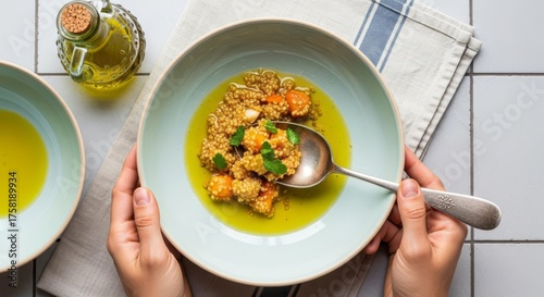 Hands holding a bowl of vegetable soup with olive oil.