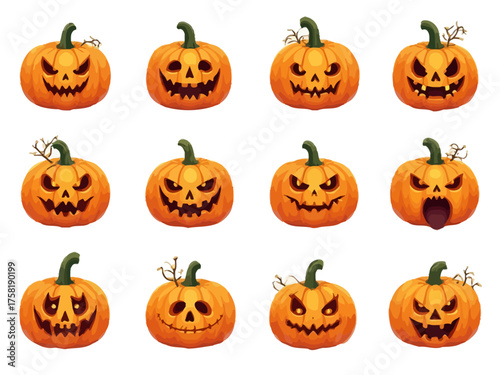 Halloween pumpkin icons with scary and funny carved faces isolated on white background
