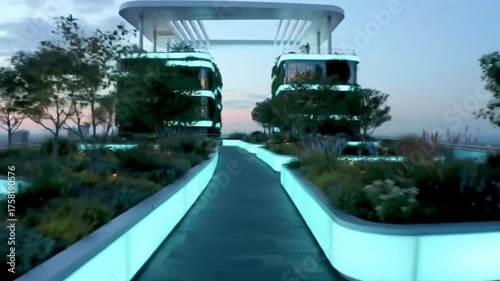 Modern Rooftop Garden with Illuminated Pathway at Dusk