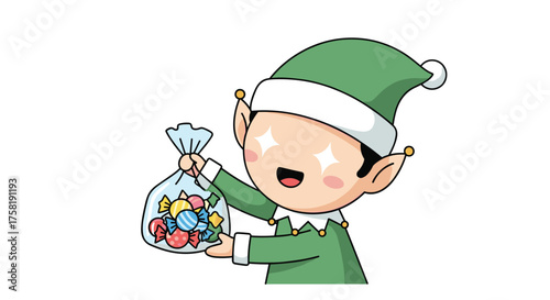A cheerful elf holding a bag full of colorful candies and sweets.