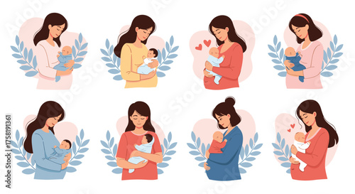 Illustrations of mothers holding and bonding with their newborn babies showcasing gentle nurturing moments.
