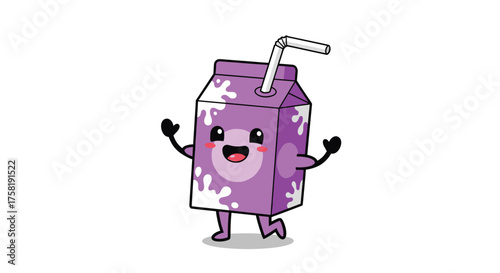 A cheerful purple milk carton with a straw and arms and legs is happily dancing.