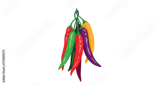 A vibrant bunch of colorful chili peppers hanging together on a white background.
