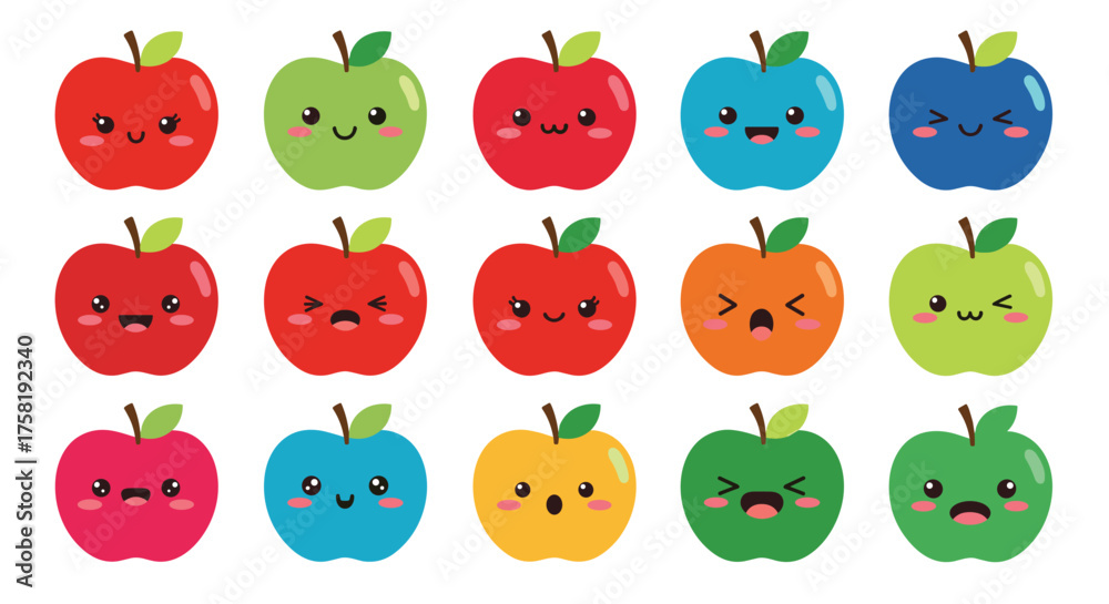 Fototapeta premium A charming collection of fifteen kawaii apples with diverse facial expressions and vibrant colors.