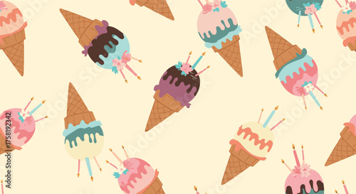 A whimsical collection of colorful ice cream cones with playful toppings and sprinkles adorning each frozen dessert on a pale yellow background.