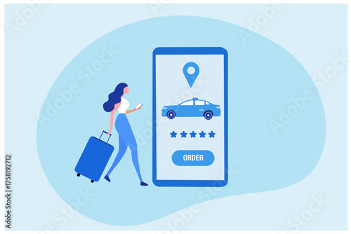 Young woman ordering online taxi car, rent and sharing using service mobile application location map. Online taxi service and transportation technology. 