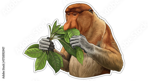 Detailed Illustration of a Proboscis Monkey Eating Green Leaves.